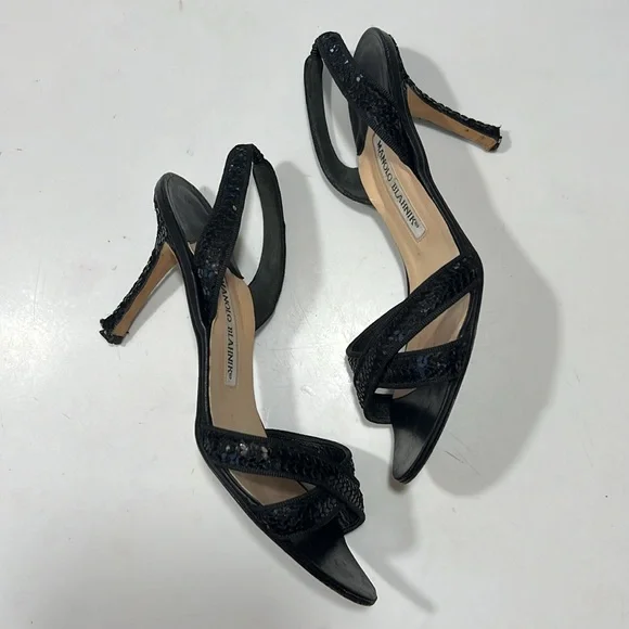 Manolo Blahnik Black Sequin Kitten Heels Sandals Stiletto Sz 37.5 7.5 - Picture 5 of 8
